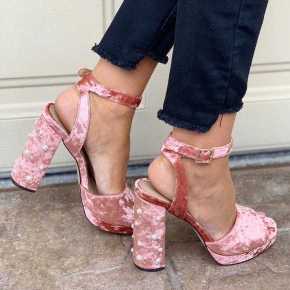Velvet Pink Pearl Block High Heel Platform Sandal - Picture 2 of 6